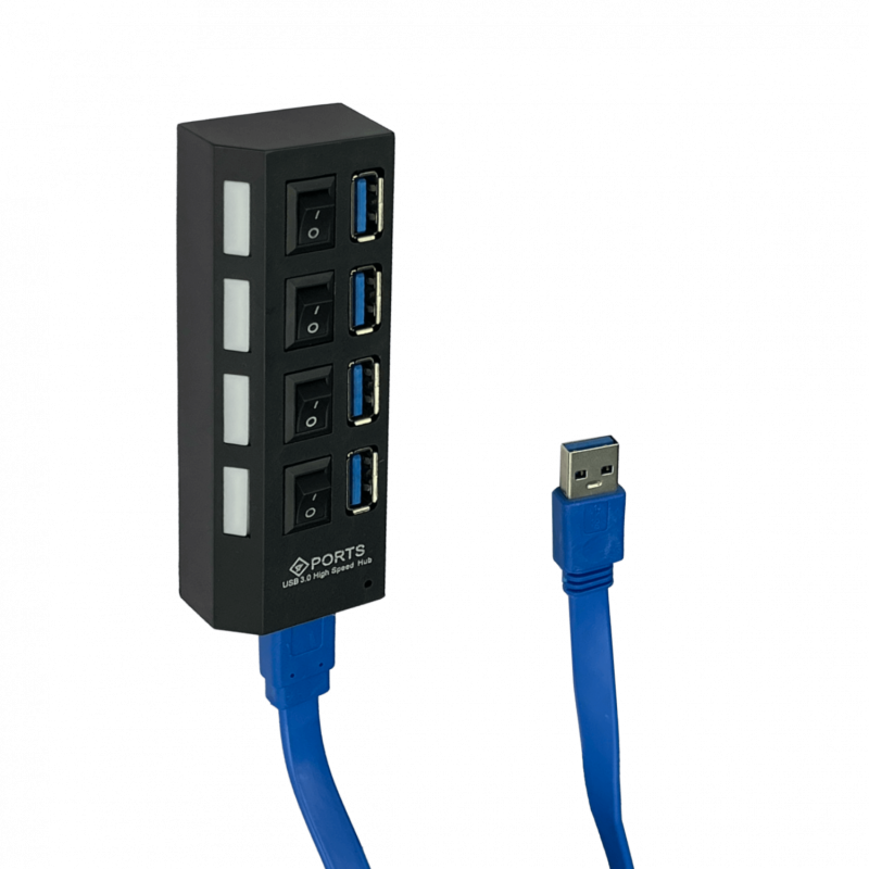 HUB 4-Puertos USB3.0 1-AM 4-AH Switch Independiente inc-Cable USB