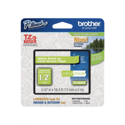 BROTHER 12mm Blanco en Fondo Verde-Lima Cinta 5mt p/PT-H110/E300/H200